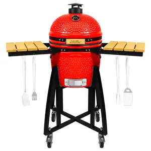 London Sunshine 15-inch Ceramic Kamado Charcoal BBQ Grill & Smoker with Locking Casters, Foldable Side Shelves, Stainless Steel Grates, and Tall Stand Red
