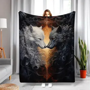 Spirit Wolf Fan Throw Blanket - Fiery Smoky Opposite-Tone Wolf Couple Tribute, Lightweight for Dark Gothic Bedroom & Rustic Cabin Decor, Ideal Anniversary Gift for Wilderness Lovers