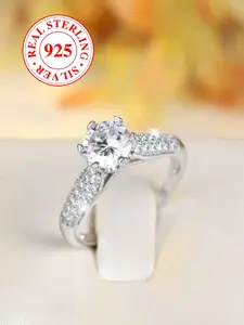 S925 Sterling Silver Ring, Engagement Rings, Wedding Ring, Round Four Claw Edge Triple Row Shiny Party Holiday Gift (with Box), Elegant Jewelry for Women, Bridal Engagement Ring