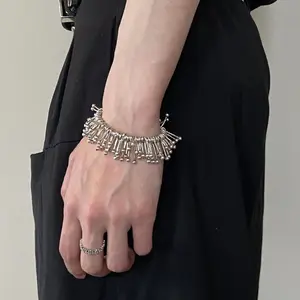 Oxidized Silver Vintage Raw Symbiotic Plant Design Dangle Bead Fringe Bangle, Neutral Style Unisex Costume Jewelry Bracelet