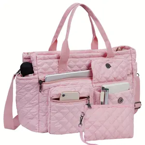 2pcs/Set Large Lightweight Quilted Nylon Tote Bag for Women, Laptop Work Bags Crossbody Shoulder Hobo Messenger Handbag Purse Travel Gym Totes