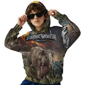 Jurassic World Print Hoodie, Casual Long Sleeve Pullover, Slight Stretch Knit Fabric, Regular Fit Hooded Sweatshirt for Fall/Winter A0929-204