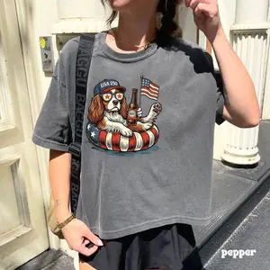 USA Cavalier King Charles Spaniel Beer Graphic Boxy Tee Funny 4th of July Patriotic Dog Shirt Oversized Streetwear Casual Summer Gift Unisex Apparel