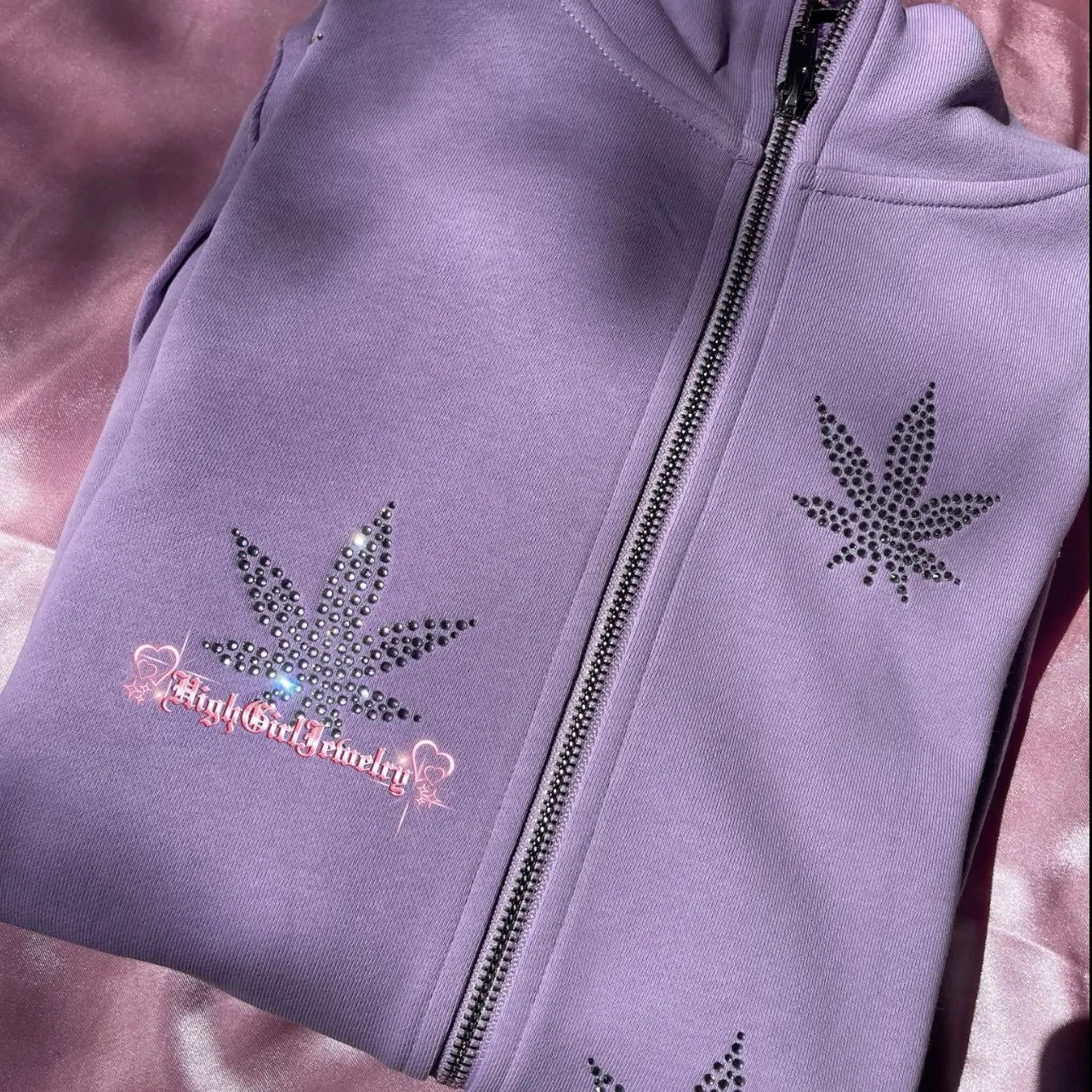 Purple Weed Rhinestone Zip Up Hoodie