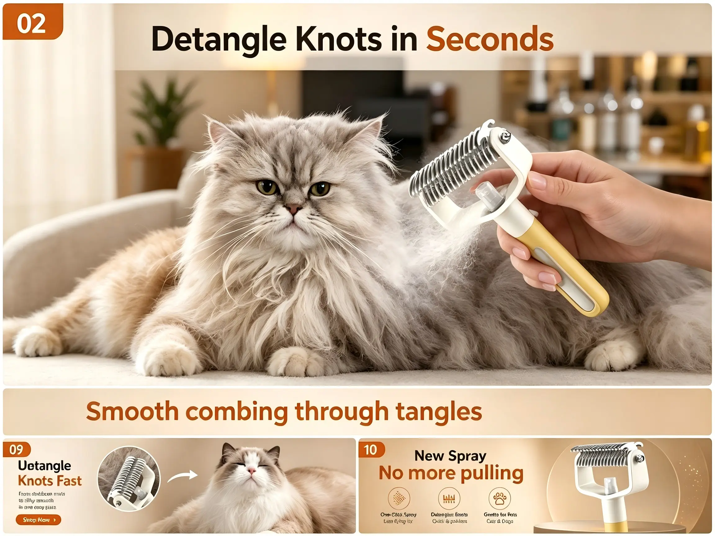 Pet Dematting Comb with Moisturizing Spray, Deshedding Brush for Long-Haired Cats & Dogs, Pain-Free No-Pulling Smooth Tool for Stress-Free Spa Day Knot Detangling