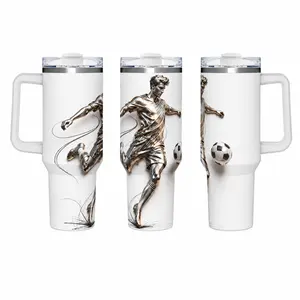 40oz Tumbler With Handle, Metallic 3D Effect Male Soccer Player Kick Football Print 18/8 Stainless Steel Insulated Travel Mug, 12H Cold 6H Hot Built For Champions Sports Gift for Men Soccer Athlete