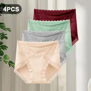 4pcs High Waist Lace Women’s Triangle Panties, LOVE Lace Splicing Fashion High Waist Women’s Triangle Panties, Breathable and Comfortable, Big Beautiful Legs Suitable for Yoga Exercise, Daily Wear, Holiday Romantic Gift Women’s Panties hot  com  underwear
