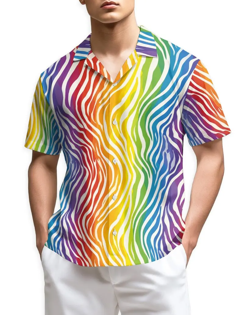 Rainbow Zebra Hawaiian Shirt, Colorful Pride Aloha Shirt, Vibrant Rainbow Stripes Summer Shirt, LGBT Pride Beach Outfit, Festival Party #Hawaiianshirt