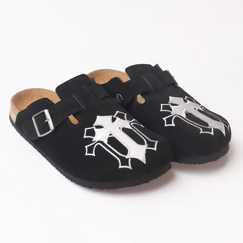 Embroidered Gothic Suede Clogs men's Mule Slippers Adjustable Buckle Slip-On Shoes casual all-season wear