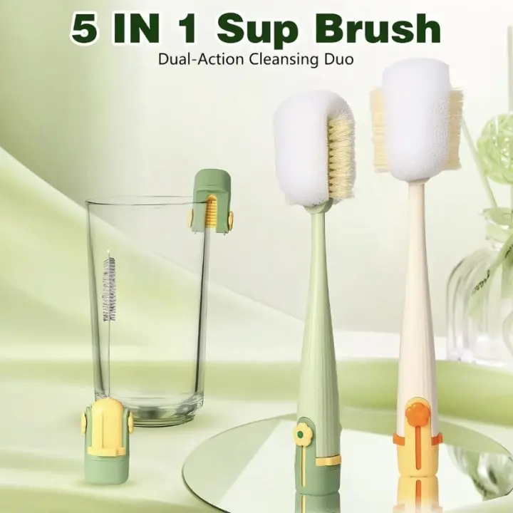 Multifunctional Kitchen Bottle Cleaner Brush Set 5 in 1, Long Reach Sponge Bottle Scrubber, Detachable Lid Gap Cleaning Brush Portable for Travel & Daily Cup Washing (White&Green)