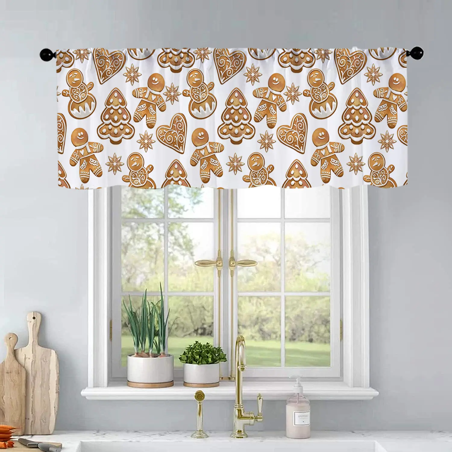 1pc Christmas and New Year printed kitchen curtains Hommade gingerbread cookies design for w curtains valance window treatment living room bedroom home decor Home Decoration Curtain 54 x 18 inch