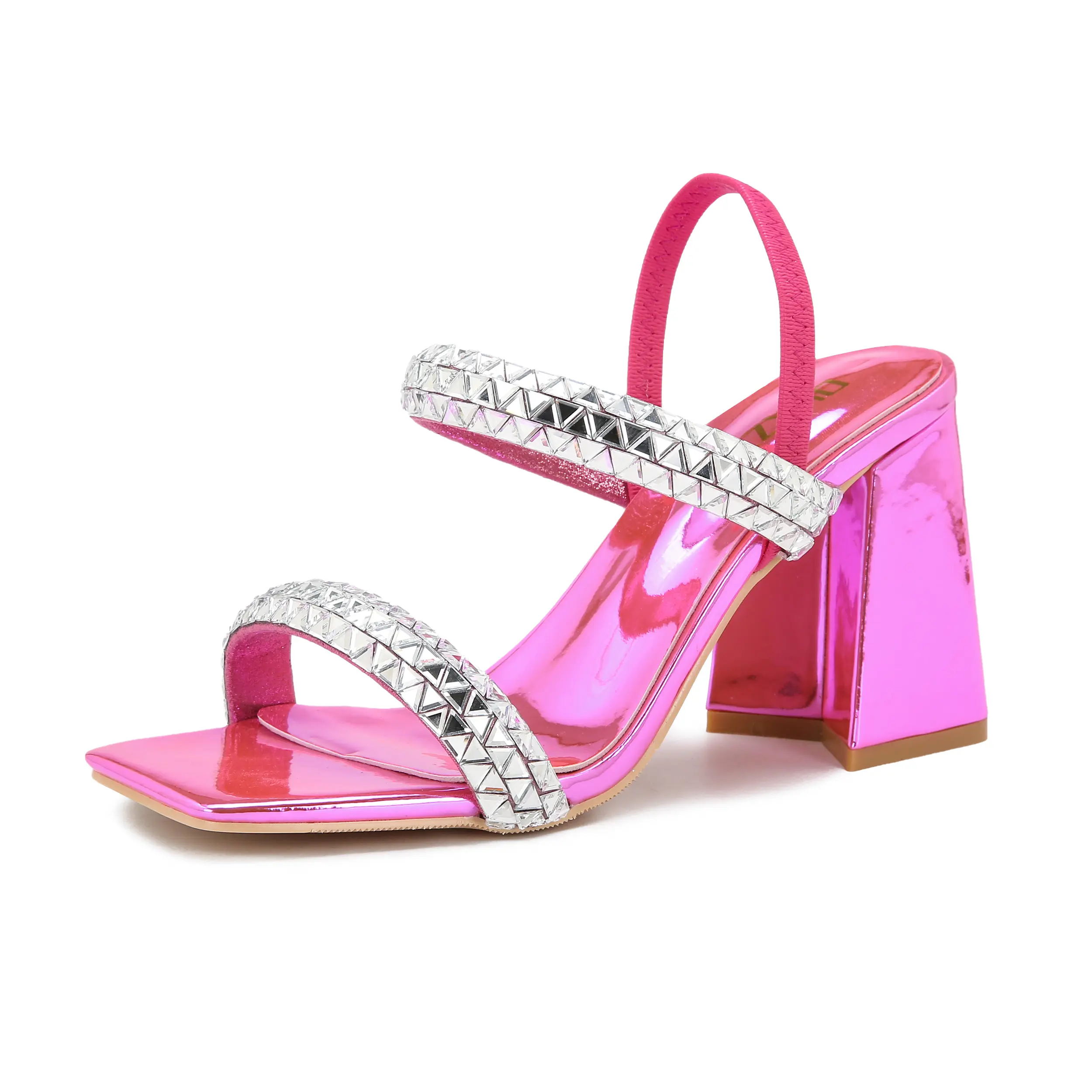 Women's Chunky Glitter Rhinestone Square Toe Slope High Heels - Pink Mules with Non-Slip Rubber Outsoles, Comfortable Wear Rubber Construction