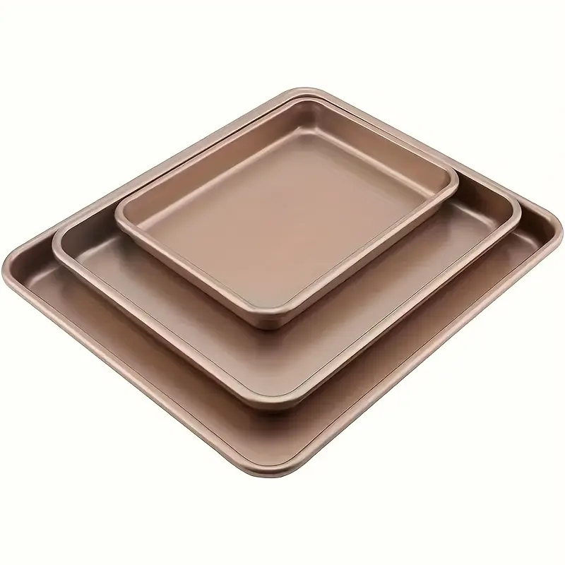 3-Piece Non-Stick Carbon Steel Baking Pan Set - Sturdy Rectangular Oven Trays for Baked Cookies, Brownies, Home Cooking, Party Gifting, Birthday Gift Ideas, Stylish Kitchen Bakeware