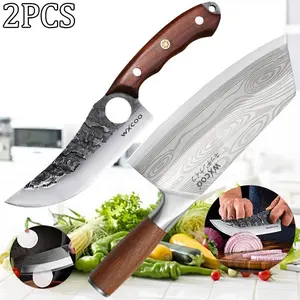 2PCS Stainless Steel Kitchen Knife Professional Multipurpose Butcher Cutting Meat Cleaver Boning Knife Handmade Forged Sharp