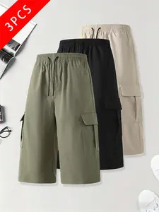 3-pack men’s summer cargo casual shorts, 7/8 length, loose straight fit, breathable and comfortable fabric, perfect for summervibes