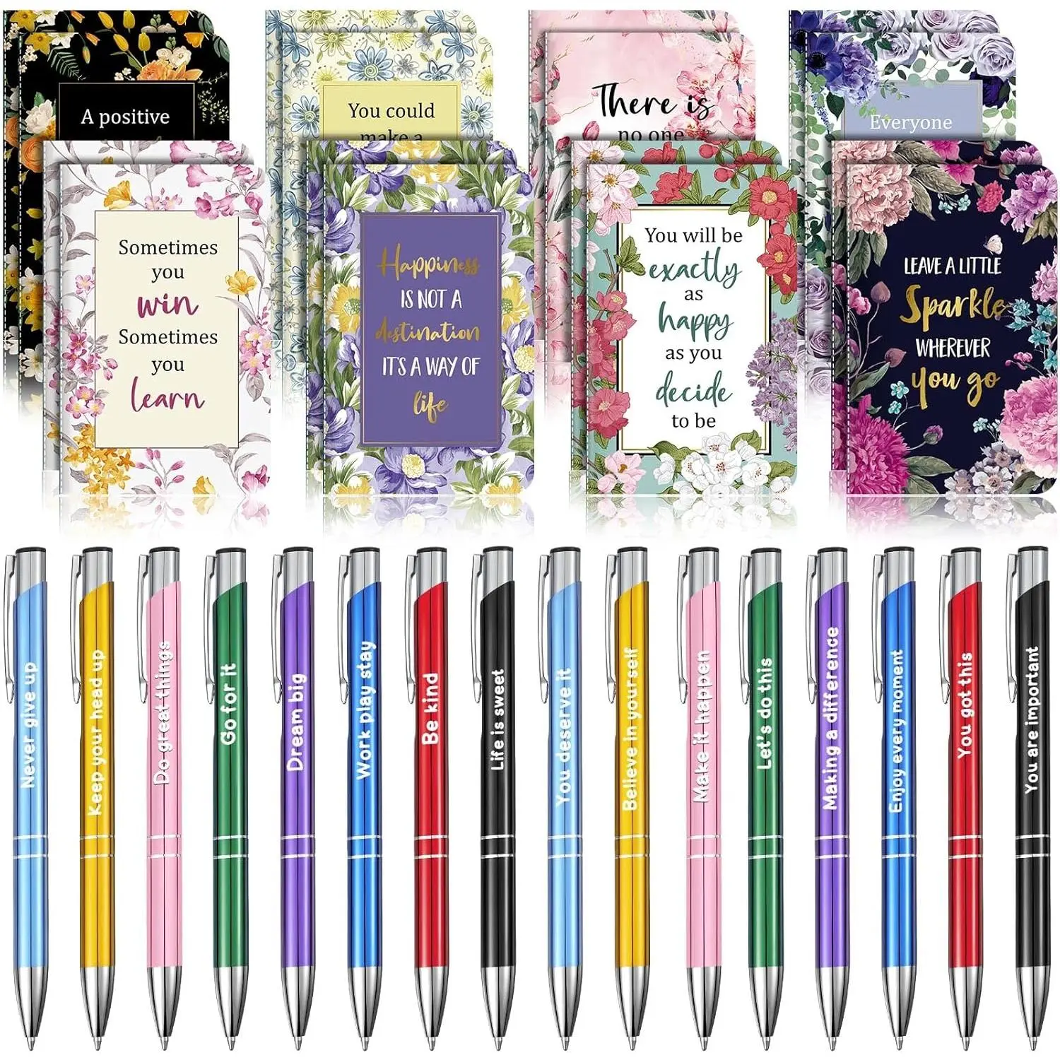 32-Count Motivational Office Stationery Set - Classic & Colorful Ballpoint Pens, Quote Print Inspirational Notepads, Handy Design Floral Motifs Mini Journals, Bulk Gifts for Coworkers, Party Favors