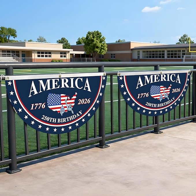 America 250th Birthday Semicircular Flag Banner 1776–2026 Patriotic Bunting, USA Independence Day Porch Decor Flag, Fourth Of July Patriotic Half Fan Flag Decoration For Porch Fence Yard