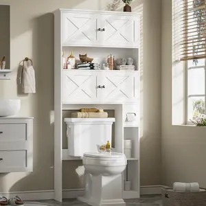 Over The Toilet Storage Cabinet, Farmhouse Storage Cabinet Over Toilet with 4 Barn Doors & Toilet Paper Holder Stand, White Toilet Shelf  Space Saver for Restroom, Bathroom, Laundry
