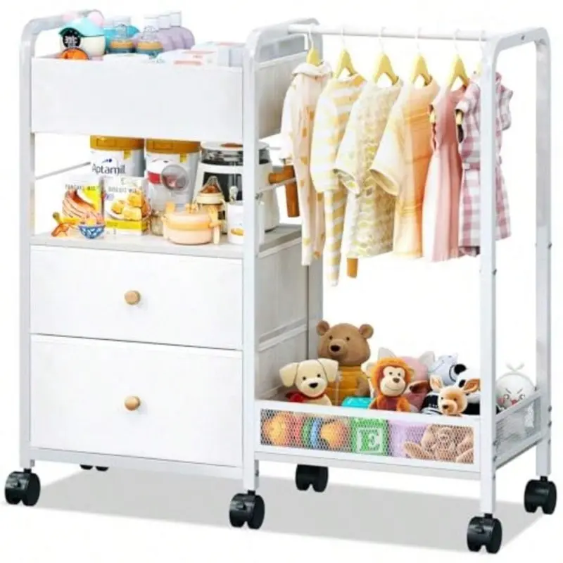 Upgraded White Baby Nursery Diaper Caddy Organizer - Sturdy Modern Stainless Steel Frame Rolling Storage Cart with Linen Drawers, Toy Basket, Hanging Rod, Multi-Bins, Wooden Accents, Rolling Wheels for Baby Nursery, Bedside
