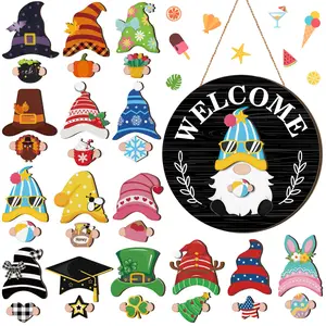 Magnetic Interchangeable Gnome Door Hanger, Seasonal Wooden Welcome Sign with Detachable Decor Pieces, Farmhouse Style Ornaments for Home Holiday Decor