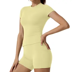 Women's 2-Piece Workout Set - Fitted Short Sleeve Tee & High Waist Biker Shorts