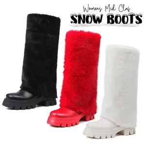 Womens Mid Claf Snow Winter Boots Faux Fur Rounded Toe Chunky Block Heels Fashionable Working Outing Concert Party Festival Comfy Fold Over Boot Stylish Footwear Chilly Day Booty