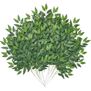 12 Pack Artificial Italian Ruscus Greenery Stems 21.6'' Faux Green Leaf Bouquet for Vase Bridal Wedding Table Centerpiece Decor