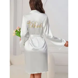 1pc Elegant V-Neck Satin Long Robe for Women, Embroidered Bride Detail, Polyester Home Lounge Wear, All-Season Sleep Gown with Belt