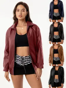 Women's Solid Pocket Zip Up PU Leather Jacket, Street Fashion Long Sleeve Collared Womenswear