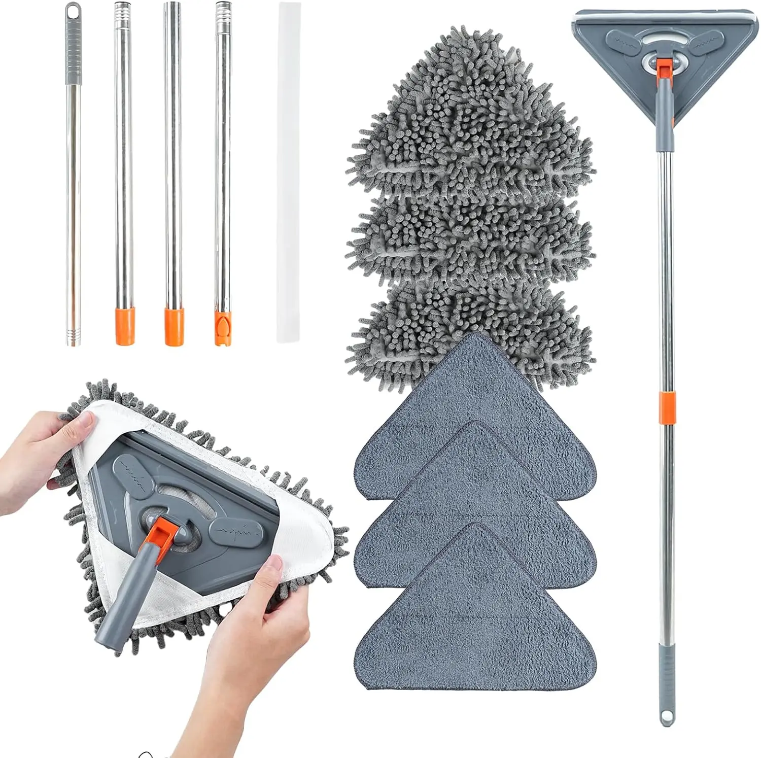 Household Functional 360° Rotatable Triangle Wall Washer Mop Set, Deep Cleaning Floor Tool with Telescopic Stainless Steel Handle, Washable Chenille & Microfiber Refills, Dry-Wet No-Ladder Cleaner for Ceiling, Wall