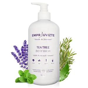 EMPROUVIZTE Tea Tree Body Wash - 100% Natural Purifying Skin Moisturizer for Dry Itchy Skin with Peppermint, Lavender Oil & Aloe Vera - Sulphate & Cruelty Free Shower Soap with Pump (500ml)