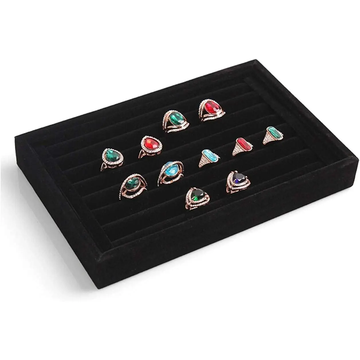Black Rectangular Velvet Jewelry Organizer Tray - 7-Slot Stackable Storage with Compartments for Rings & Earrings, Home Showcase Display Box
