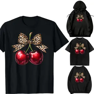 Oversize Acid Wash,Hooded sweatshirtt,Transfer，long-sleeved T-shirt-DIY-Retro Cherry Leopard Coquette Bow Cute Cherries Women Girls T-Shirt Top Womenswear