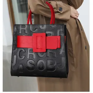 Bold Red & Black | Top-Grain Leather Monogram Tote Bag – Fashionable and Functional