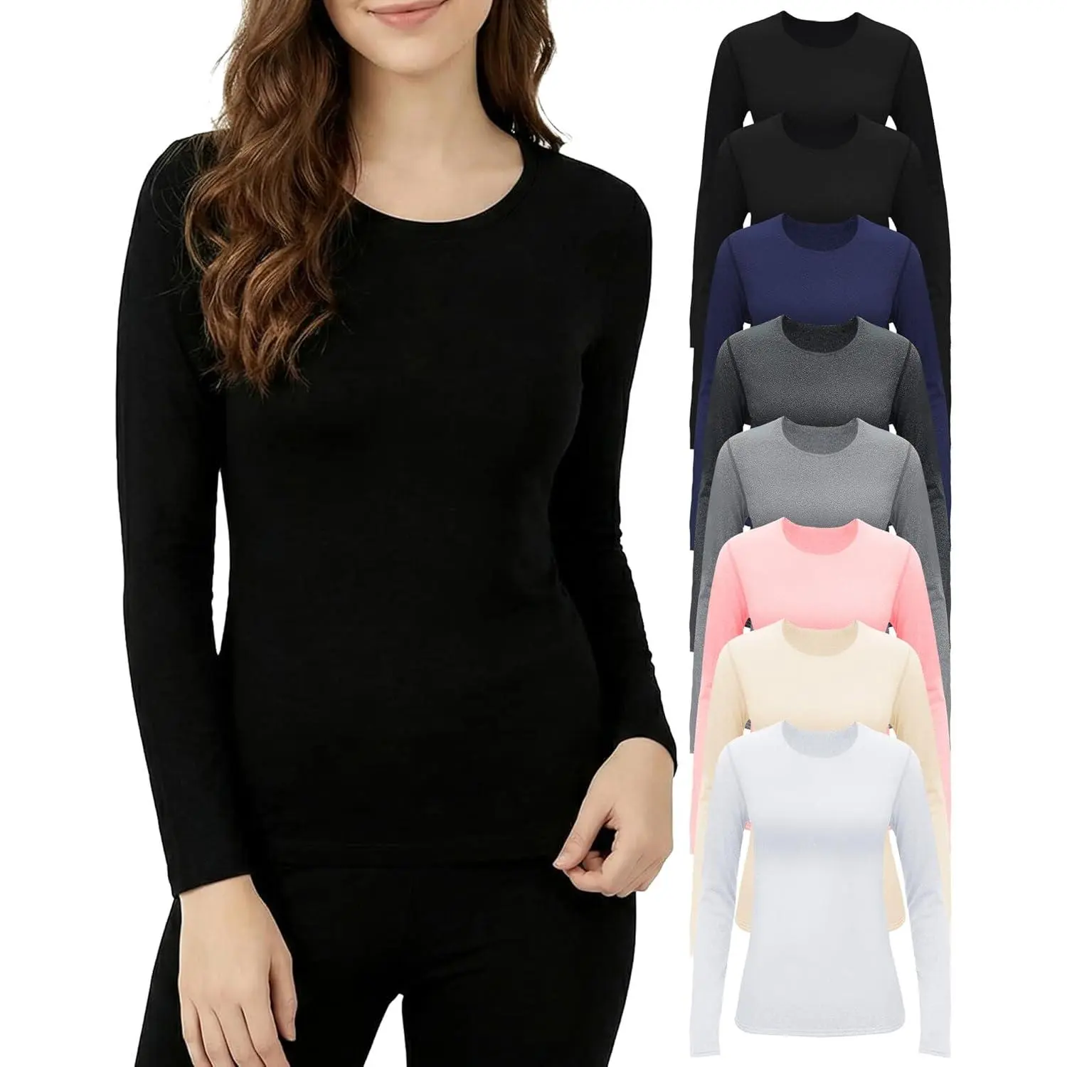 Women's 8-Pcs Bulk Thermal Long Sleeve Shirts Set, Round Neck Scrub Undershirt Base Layer Winter Underwear
