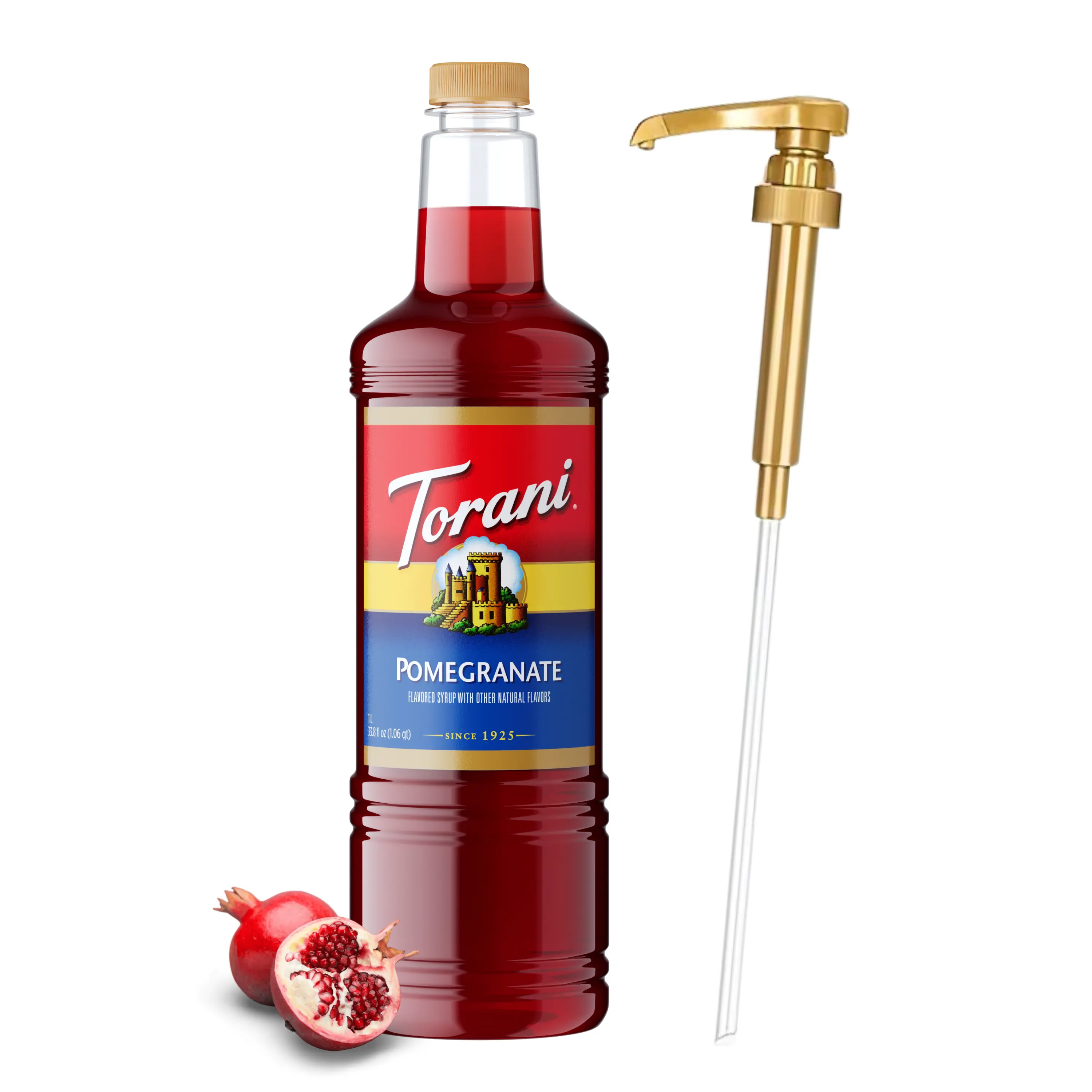 Torani Pomegranate Syrup - 1L Bottle with Pump, Premium Beverage Flavoring Made with Pure Cane Sugar & Natural Flavors for Cocktails, Mocktails, Lemonades