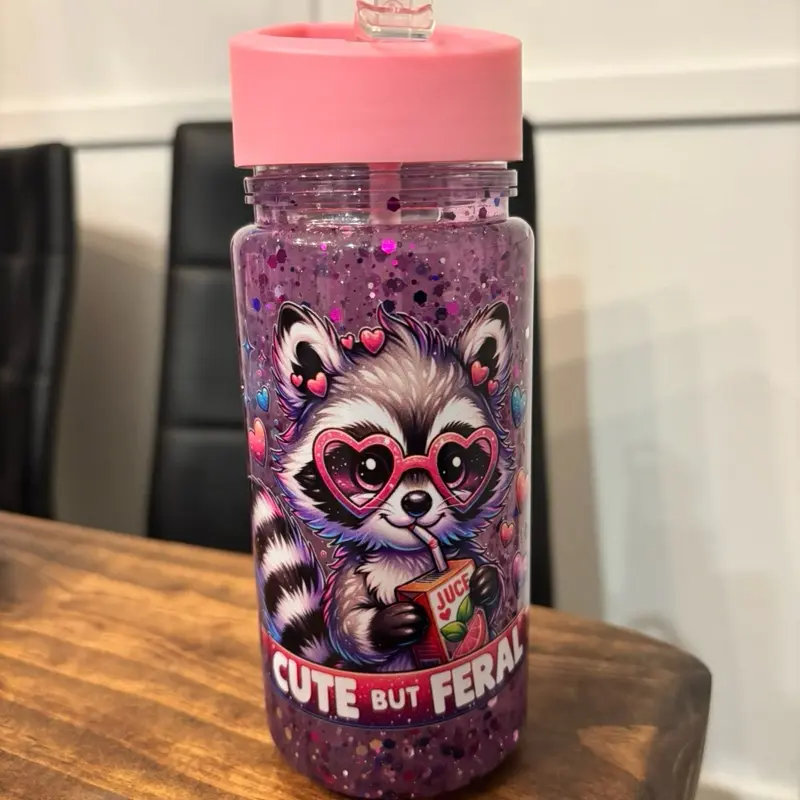 Cute but feral glitter cup | raccoon snowglobe tumbler | funny animal tumbler | 16oz kids drink cup  | gift for her