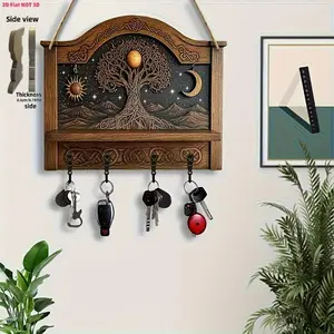 Traditional Wooden Life Tree Wall Decor, Sun Moon Pattern, Easy Install Key Rack with Metal Hooks, Key Holder, Perfect Christmas Gift, Home Storage Hook