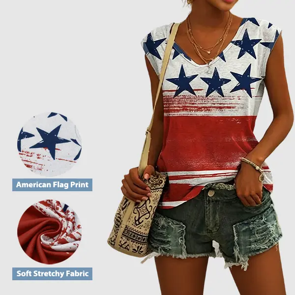 Flamingals American Flag Print V Neck Tank Top Summer Vibes Memorial Day Outfit