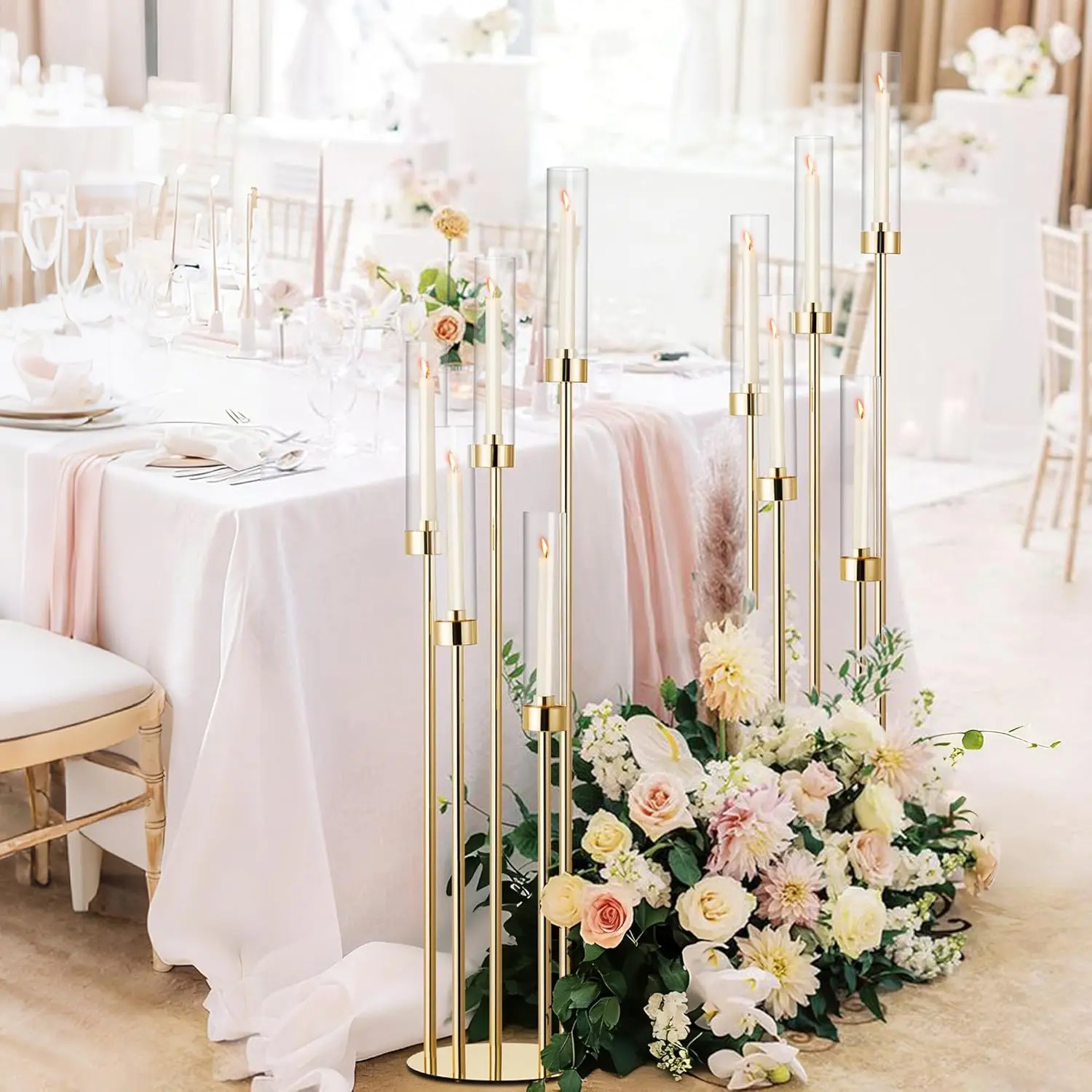 Set of 2 Tall Acrylic Candelabra Centerpieces, 45.7" Clear 5-Arm Candle Holders with Shades, Elegant Wedding & Party Table Decor, Fits 0.8" Candles (Not Included)