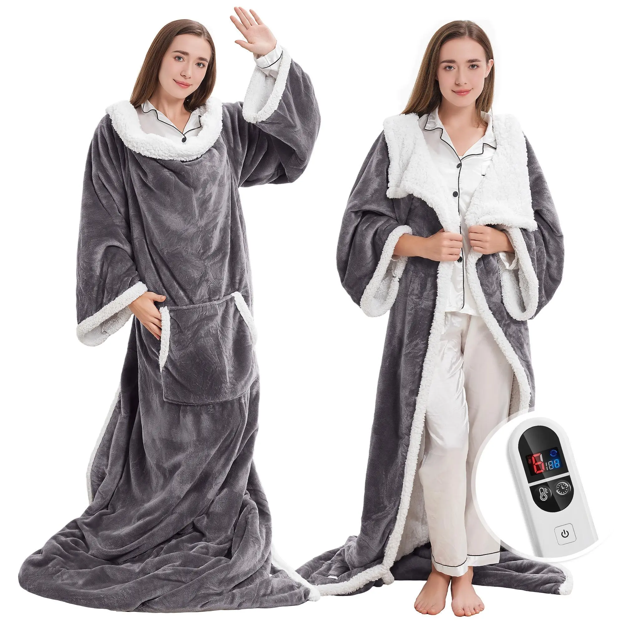 Manastin Flannel  Heated Wearable Blanket (52x72 in) with Foot Pocket, Full Body Wrap Electric Robe  Sleeves, 6 Heat Levels, 12-Hour Timer Auto Power-Off, Winter Gift for Women