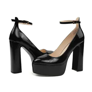 JENN ARDOR Womens' Round Toe Chunky Heels with Buckle, Black Patent Platform Heels, Ankle Strap Block Heel Pumps, Elegant Dress Shoes for Party Prom Events