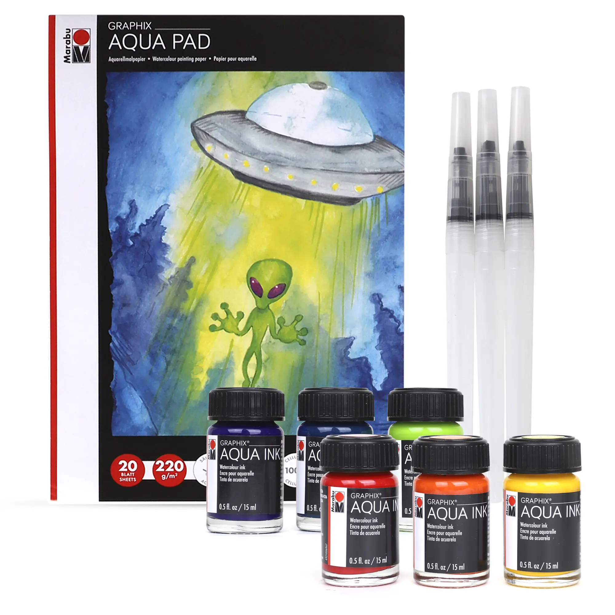 Marabu Watercolor Paint Set - Watercolor Paper Pad with 20 Sheets, A4 220 GSM - 6 Watercolor Inks, 3 Water Brushes