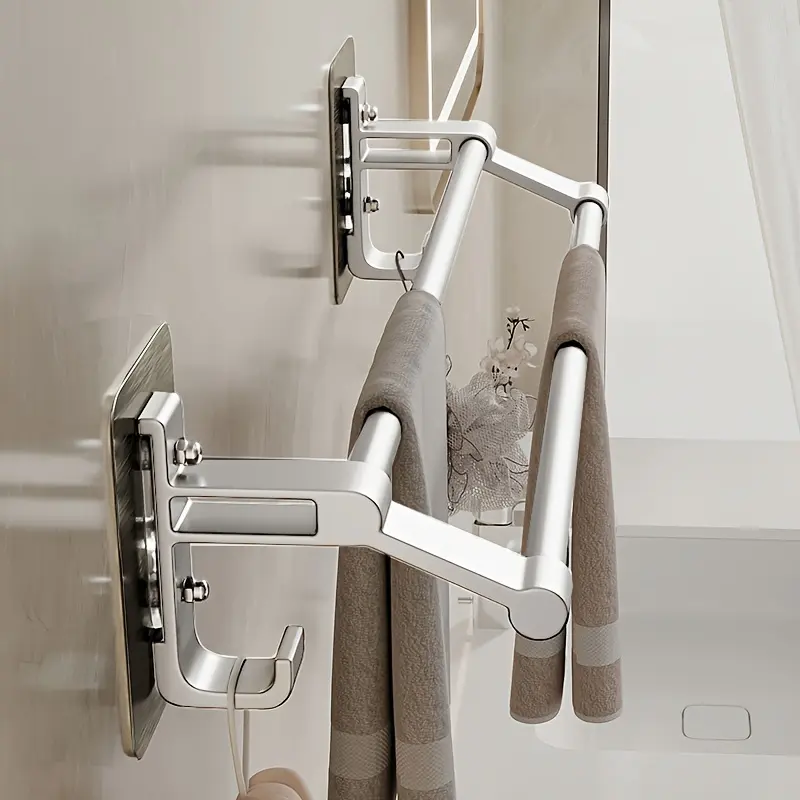 Silver Color Towel Rack, No-Drill Bathroom Shelf, Space Aluminum Wall-Mounted Bath Towel Holder, Dual Bar Toilet Hook Organizer, Bathroom Organizer Supplies, Modern Bathroom Accessories