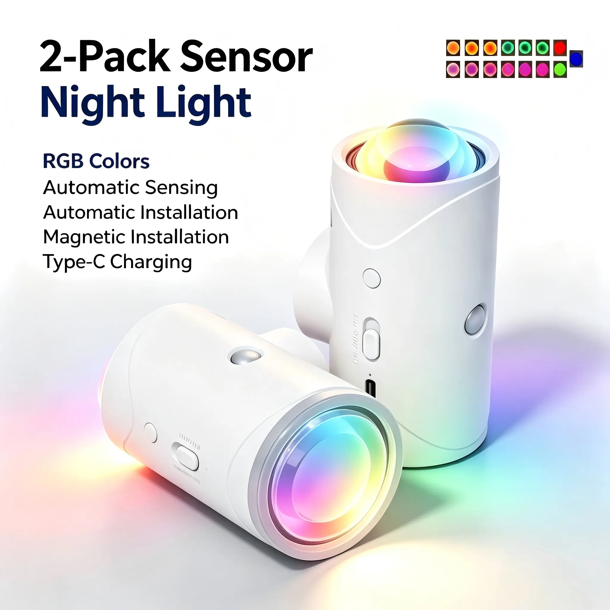 2-Pack Rechargeable 7-Color LED Motion Sensor Night Lights - Wireless Magnetic Wall Lamps for Stairs, Bedroom, Holiday Decor