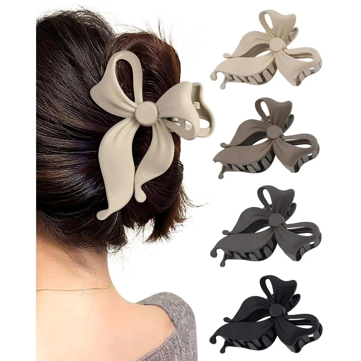 4 Pack Cute Bow Claw Clip for Women, Nonslip Large Matte Strong Hold Bows Hair Clips for Thin and Thick Hair | Chic Hair Styling Accessories (4.1" Black, Grey, Khaki, Brown)