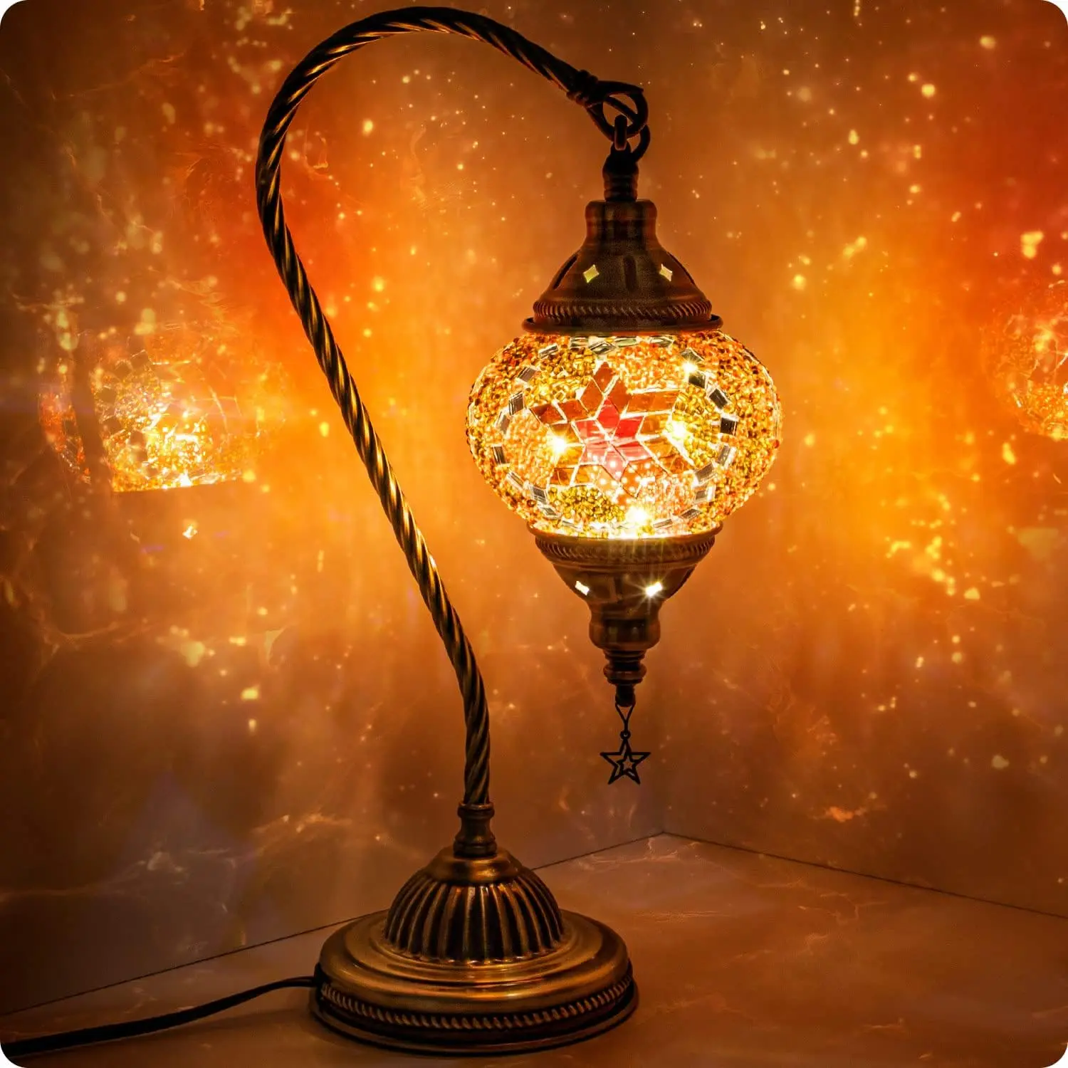 Turkish Moroccan Lamp with Bronze Base 3-Way Color Changing Handmade Swan  Tiffany Mosaic Glass Bedside Lamps for Bedroom (LED Bulb Included) (Red2)