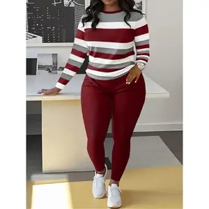 Two-Piece Set Women's Striped Print Long Sleeve Tee & Skinny Pants, Fall Outfits, Casual Round Neck Top & Trousers for Fall Womenswear Suits Clothes Burgundy Crewneck Green