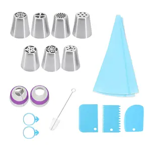 Russian Piping Tips Set 7PCS Flower Frosting Nozzles Icing Tips for Cake Decorating Tips Kit, Baking Supplies for Cookie Cupcake, 2 Couplers 2 Pastry Baking Bags，3 Cake Scrapers