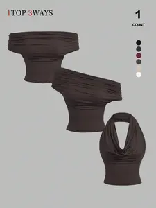 Women's Solid off Shoulder Tee, Elegant Fashion Ruched Top, Daily Outdoor Wear, Ladies Clothes for All Seasons, Stylish and Comfortable